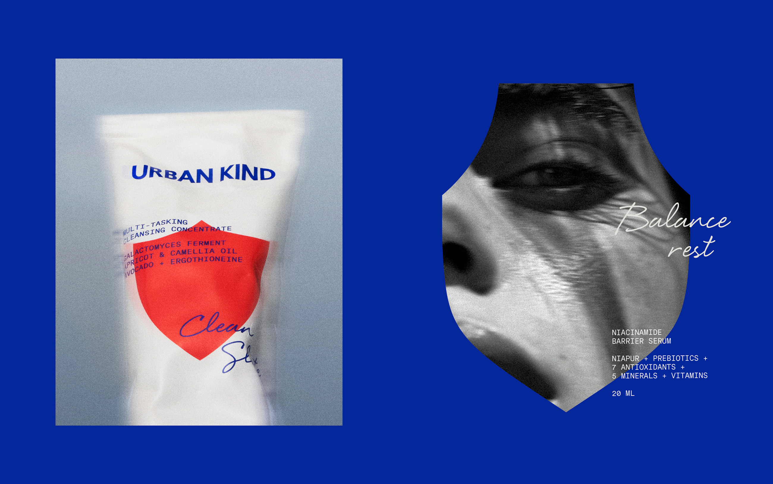 Urban Kind cleansing concentrate tube and shield poster on cobalt blue