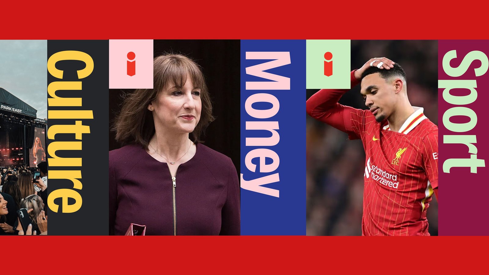 Section headers for Culture, Money and Sport set vertically in oversized type across editorial photography