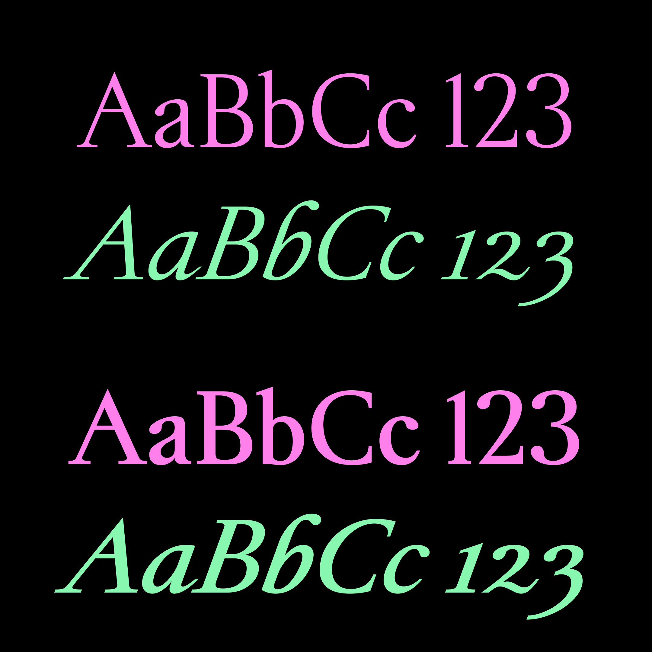 'AaBbCc 123' set in Michelangelus Regular and Italic, alternating pink and green rows on black