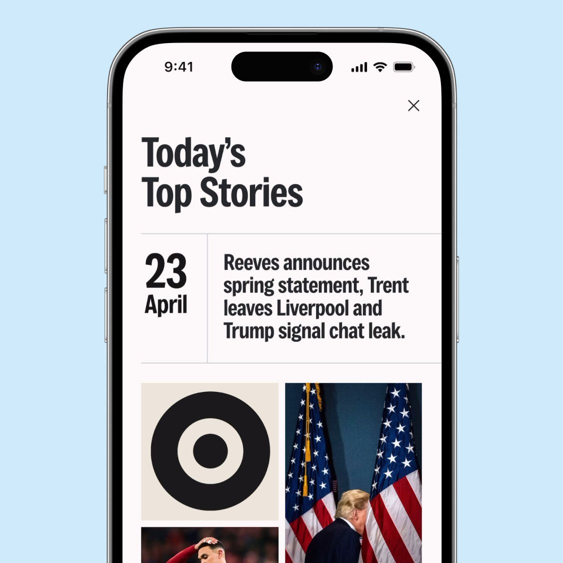 iPhone screen showing the i Paper 'Today's Top Stories' with a numbered date column and image-led story cards