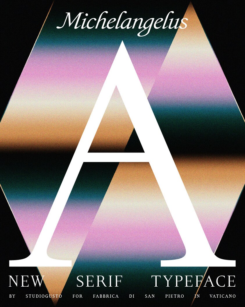 Giant white serif A over a gradient triangle on the Studiogusto Michelangelus typeface poster