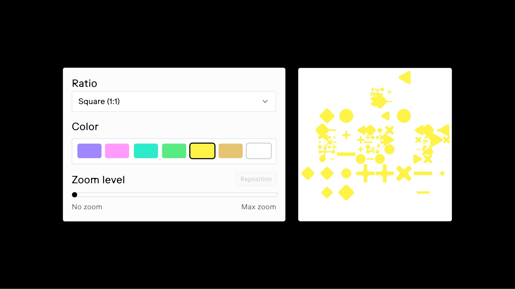 The identity generator tool panel with ratio, color and zoom controls