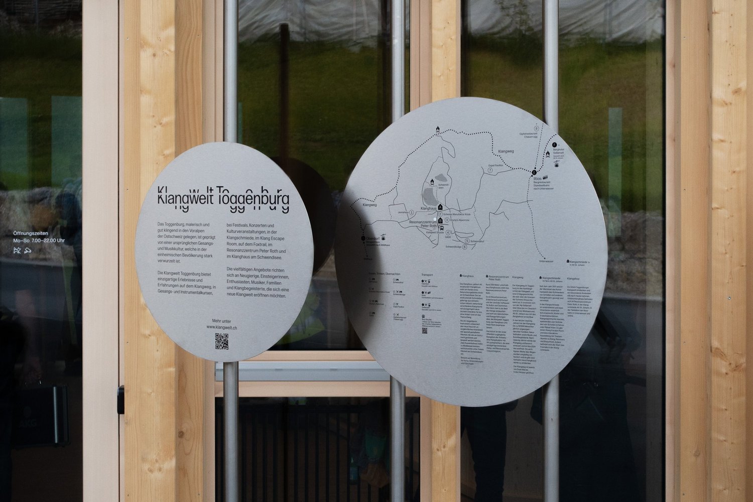 Circular steel wayfinding discs on the Klangweg sound trail