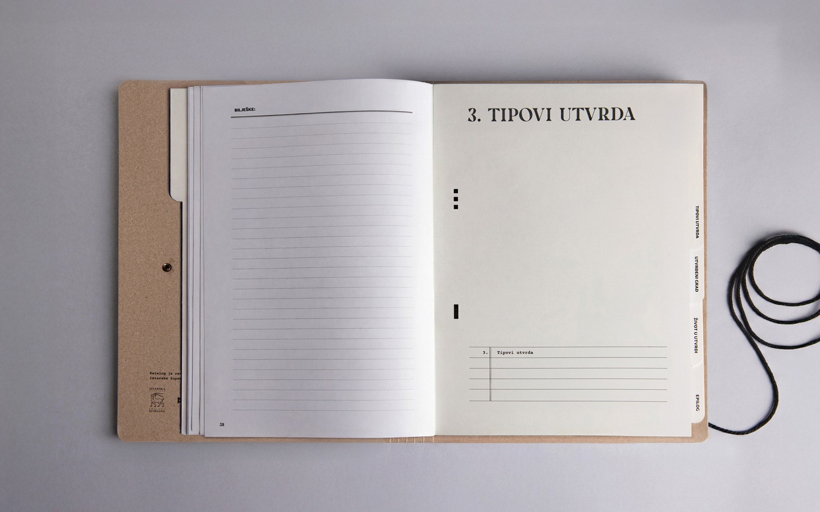 Lined reader notes page facing the chapter opener Tipovi utvrda, tabbed dividers visible along the edge.