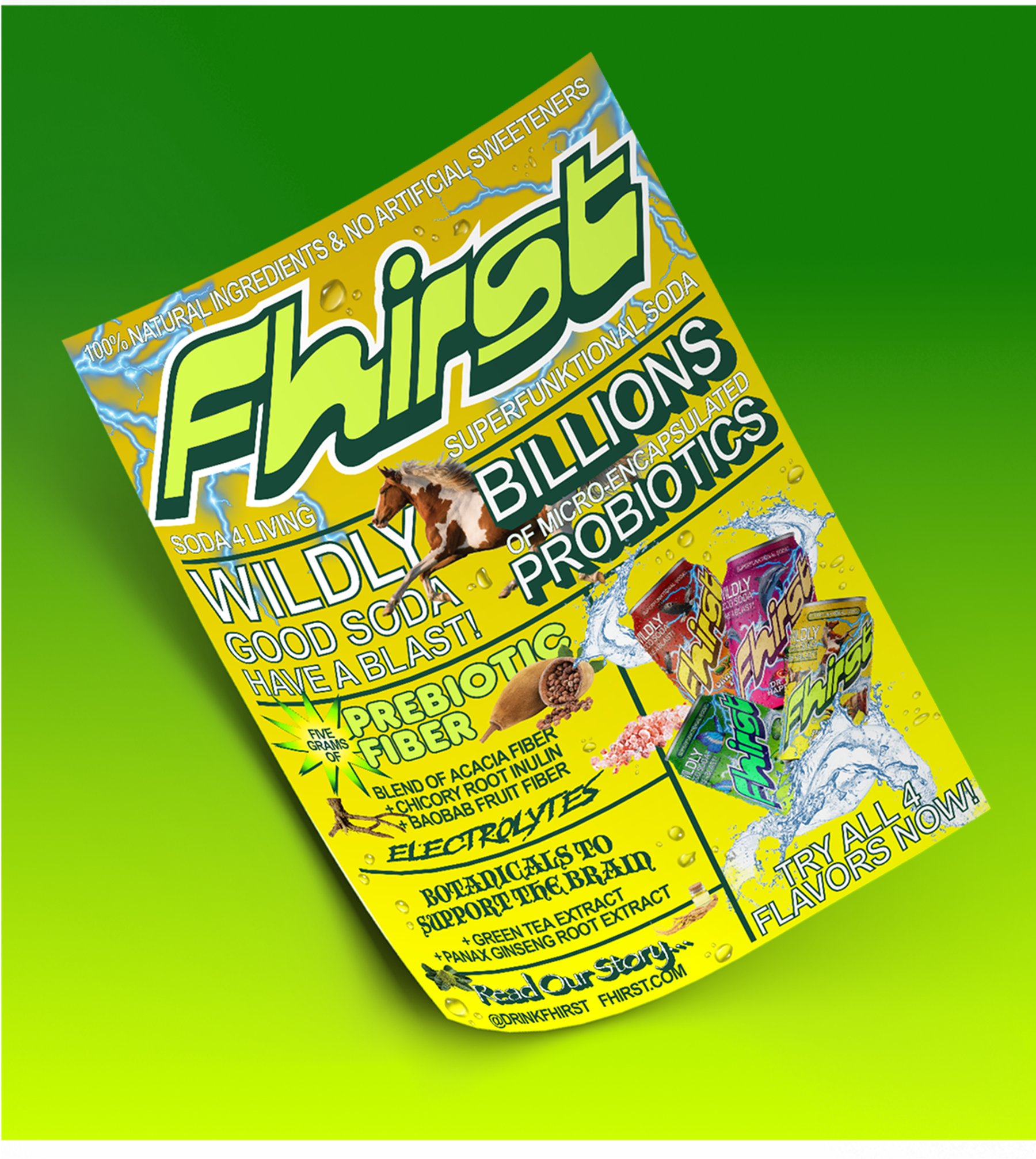 Fhirst flyer on green ground with wordmark and flavor lineup