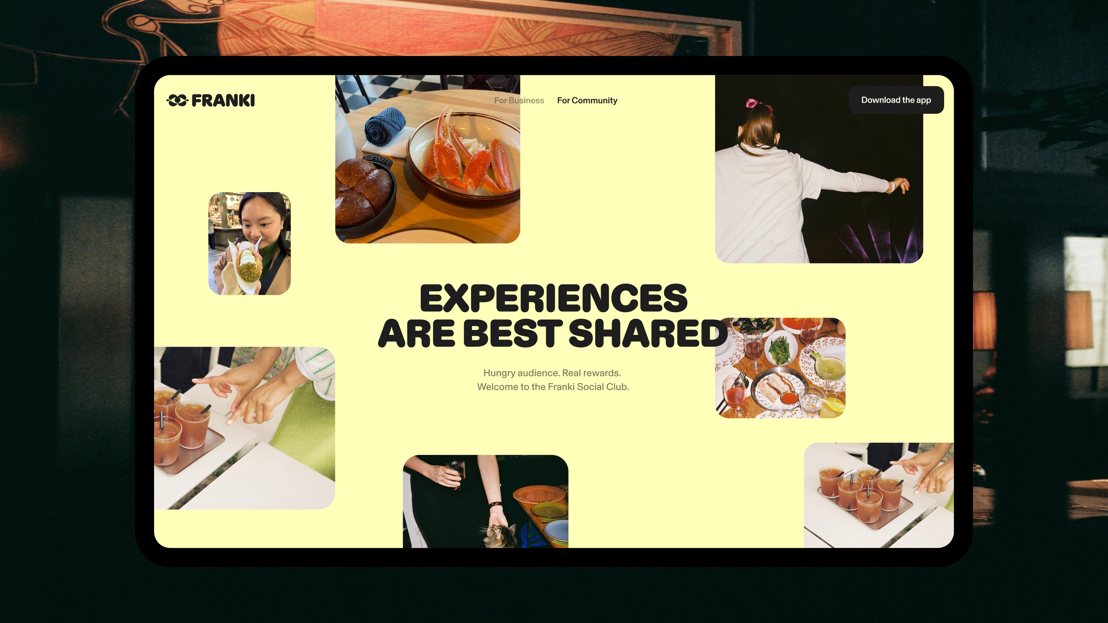 Franki website in a browser frame headed Experiences Are Best Shared, over photos of food, drinks and people