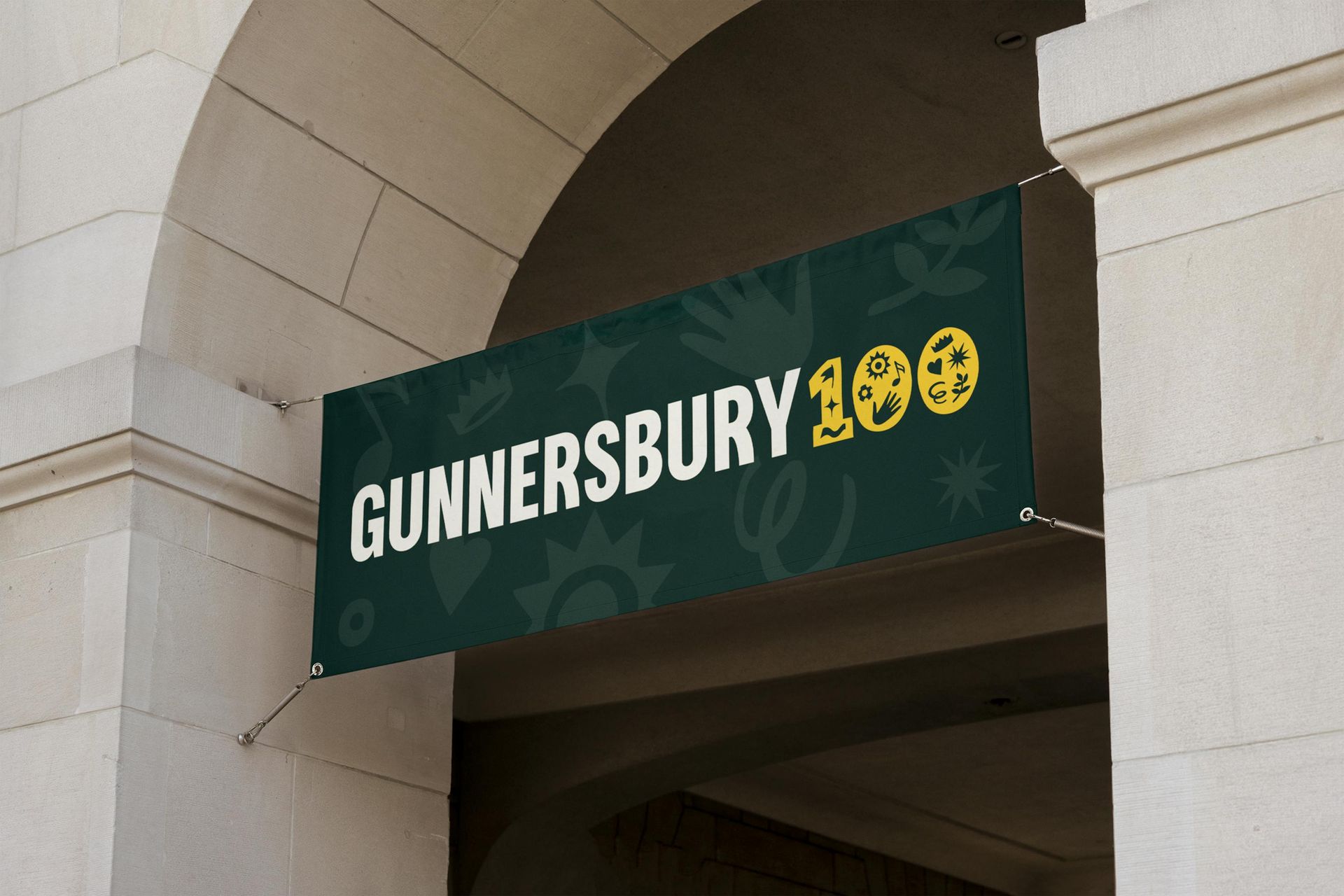 Gunnersbury 100 centenary banner with icon-filled numerals