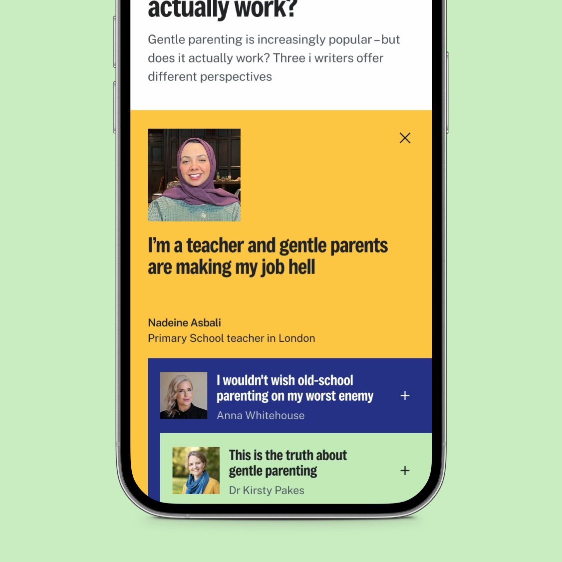 iPhone screen showing the i Paper 'Perspectives' view with stacked opinion cards in yellow, blue and mint