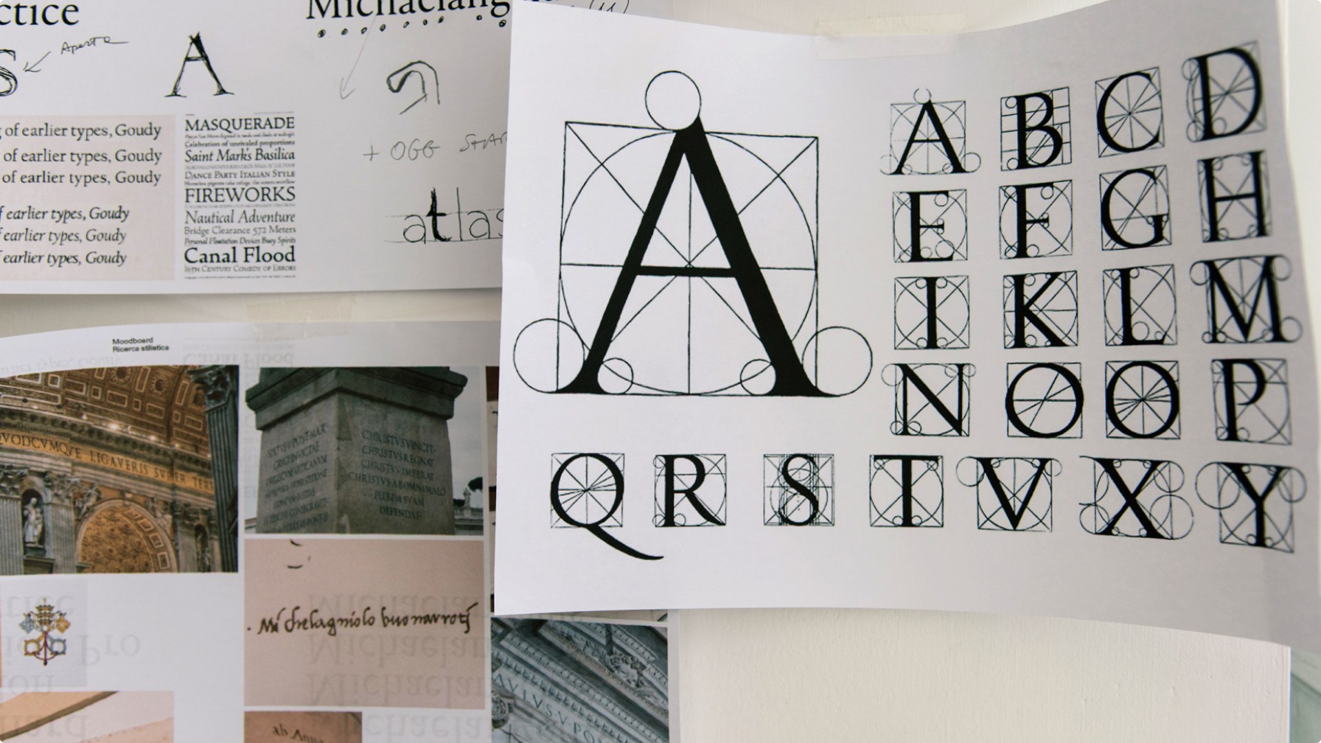 Studiogusto's design board: geometric construction of capital A beside the full uppercase grid