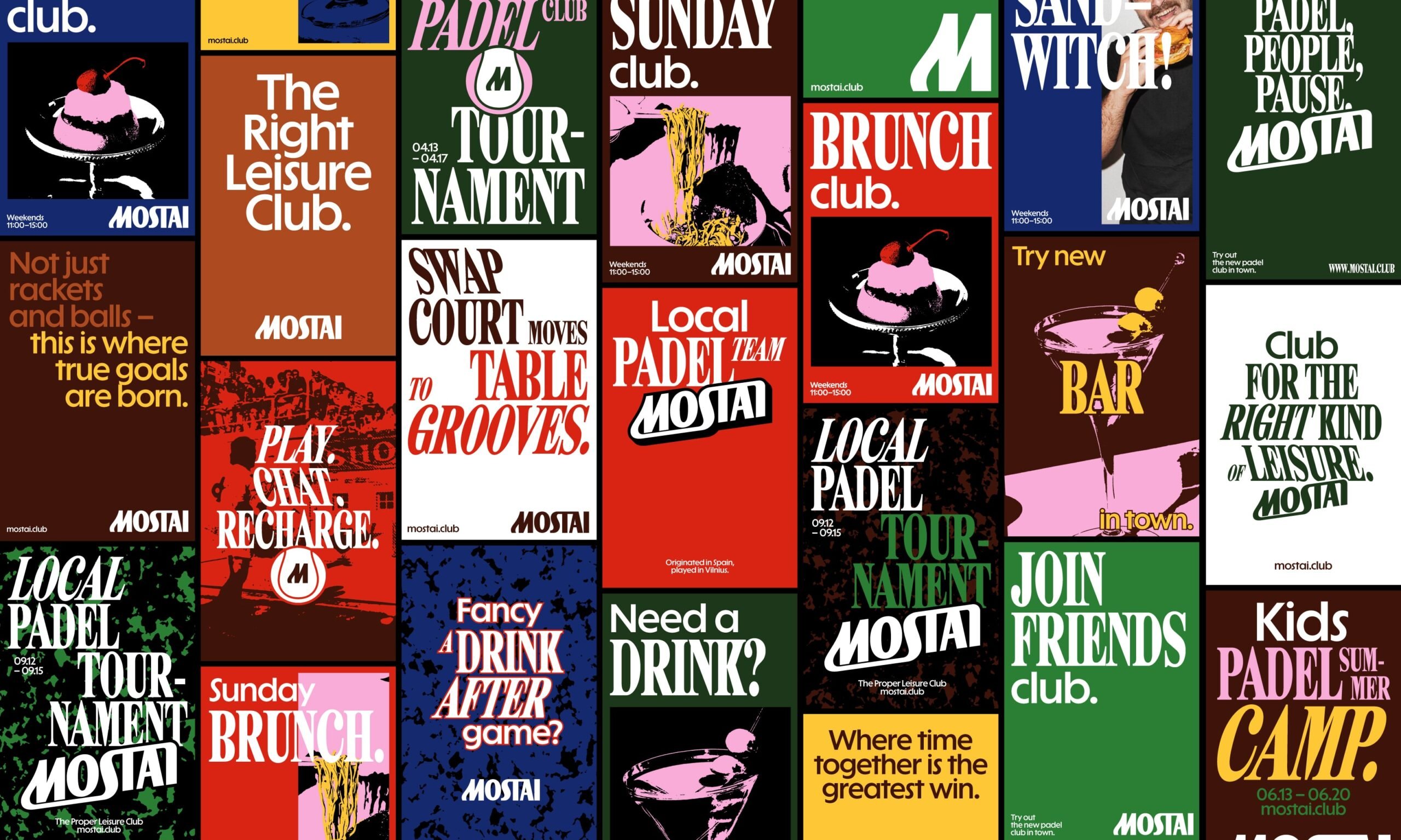 Grid of Mostai posters showing the identity system across colors and messages