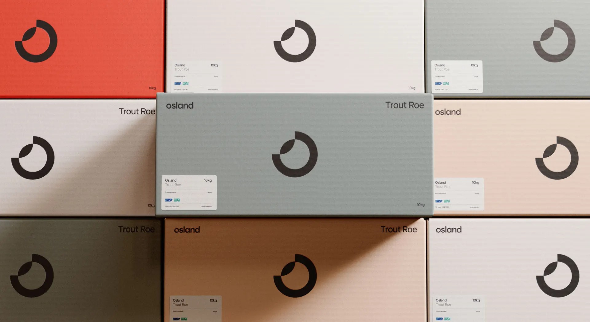 Grid of Osland trout roe packaging boxes in coral, sand, grey and white with the circular mark