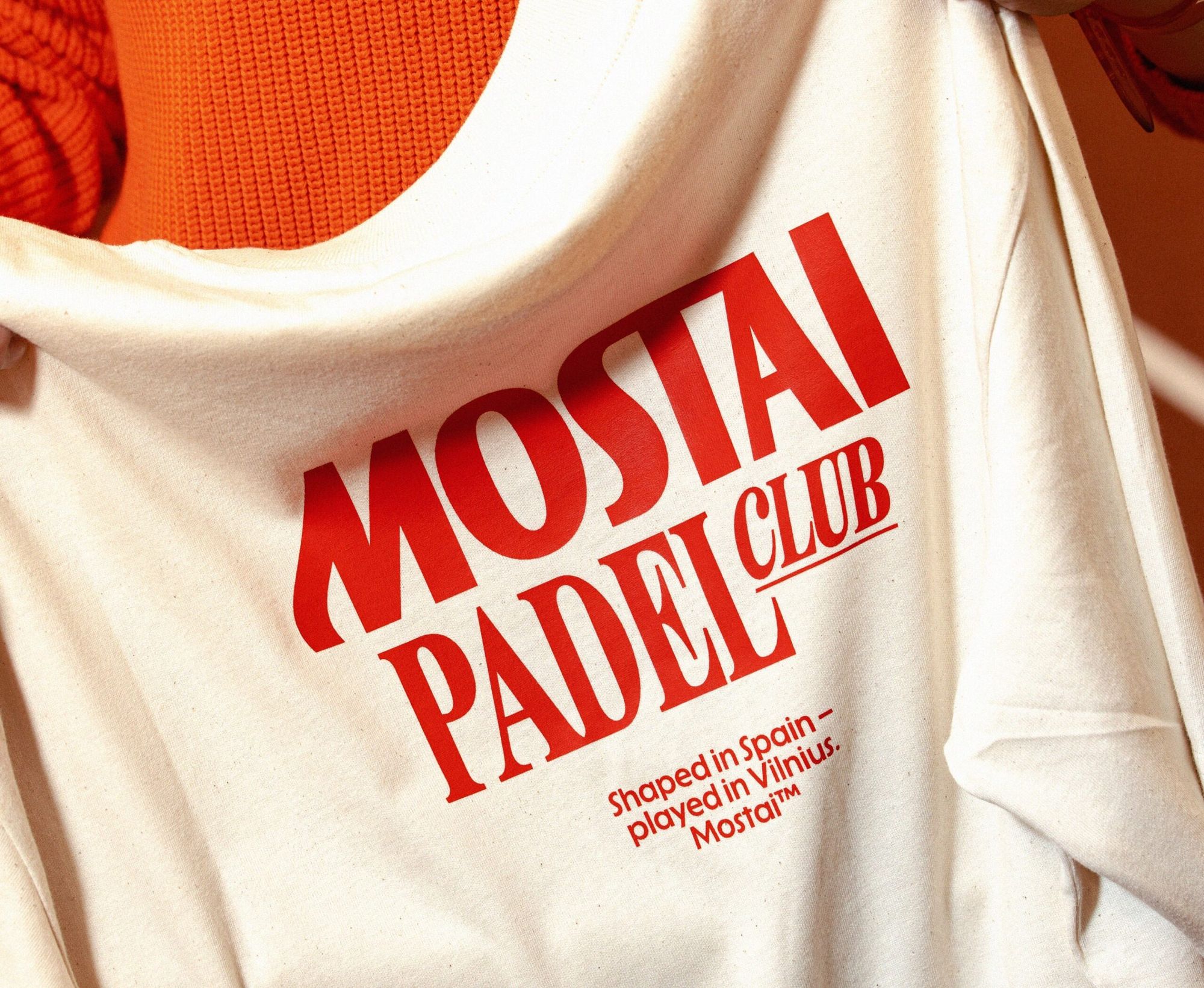 White Mostai Padel Club t-shirt with red vintage lettering