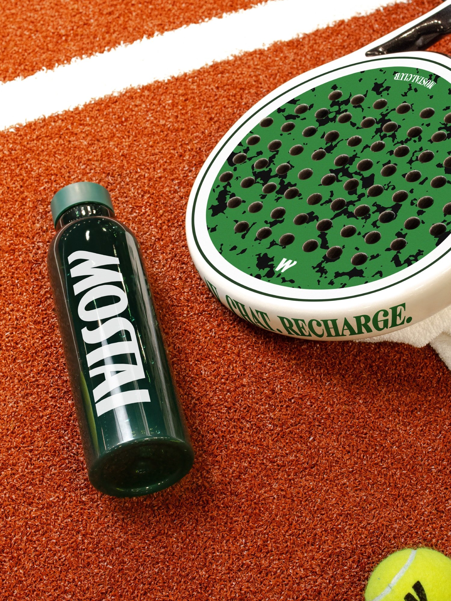 Mostai water bottle and padel racket resting on a clay court