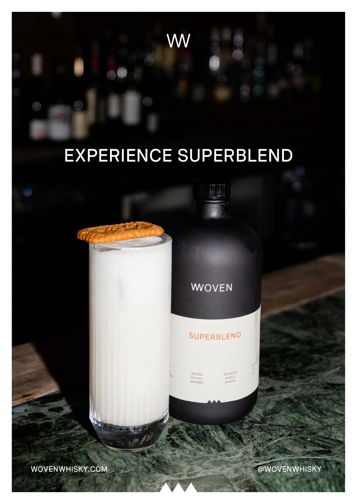 Woven Superblend social poster, a tall white drink beside the bottle, headed Experience Superblend.