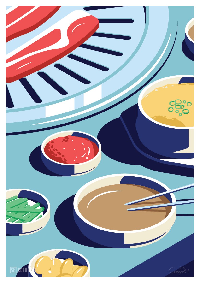Serie de carteles de ilustración vectorial Escena de barbacoa coreana en la vida nocturna de Seúl