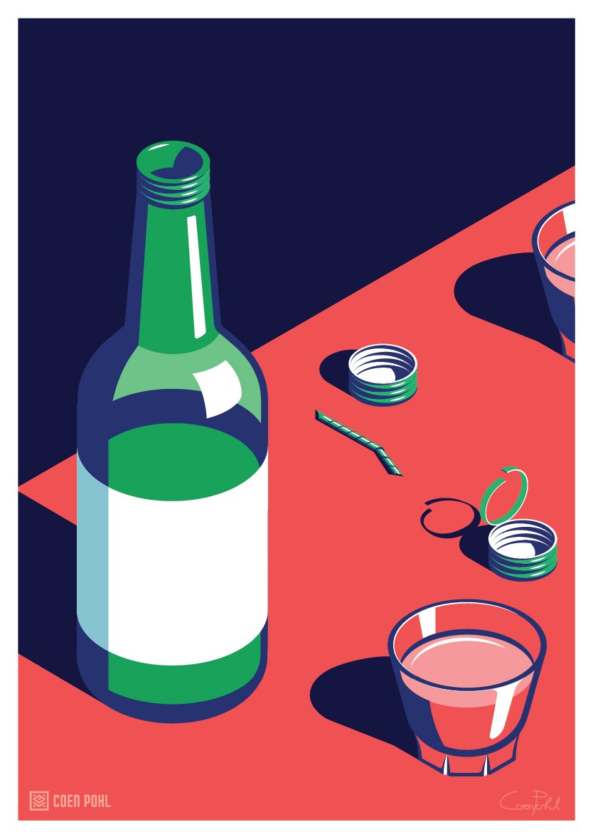 Ilustración de botella de soju de la serie de carteles de ilustración vectorial de vida nocturna de Seúl