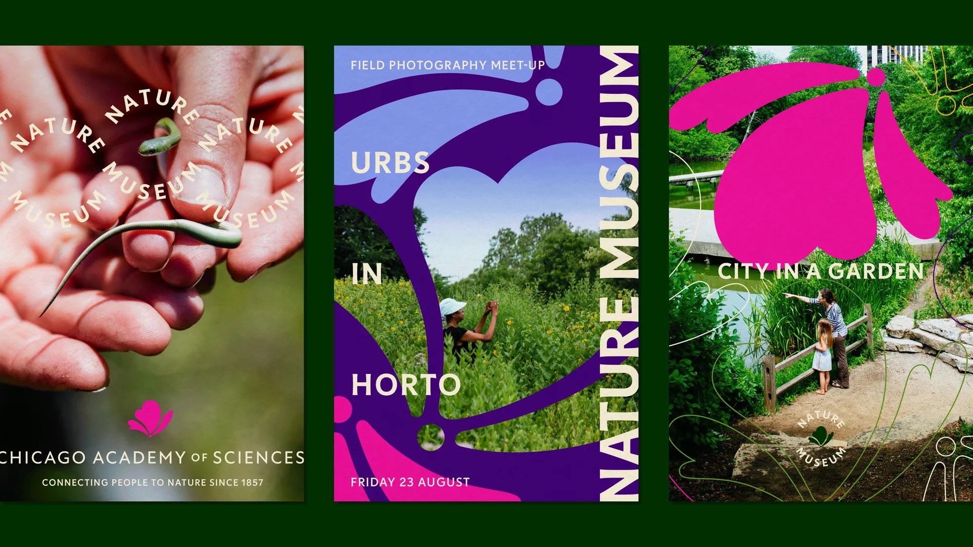 Three Nature Museum posters: a hand holding a skink, an Urbs in Horto field photography meet-up, and a City in a Garden scene