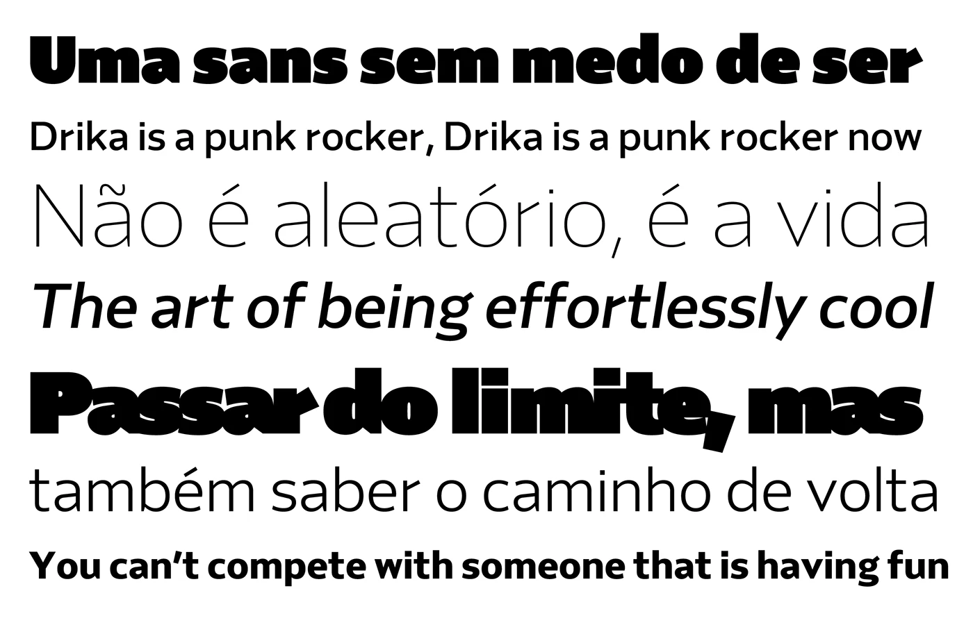 El rango de peso de Drika sans serif se muestra en un diseño blanco mínimo: fuente Drika