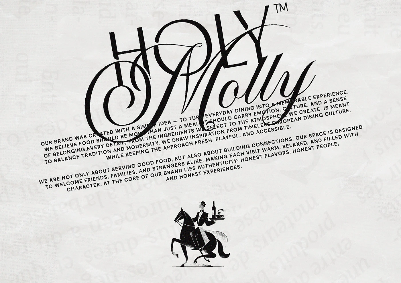 Holy Molly logotype large over manifesto text with engraving-style mascot on cream paper — restaurant brand identity