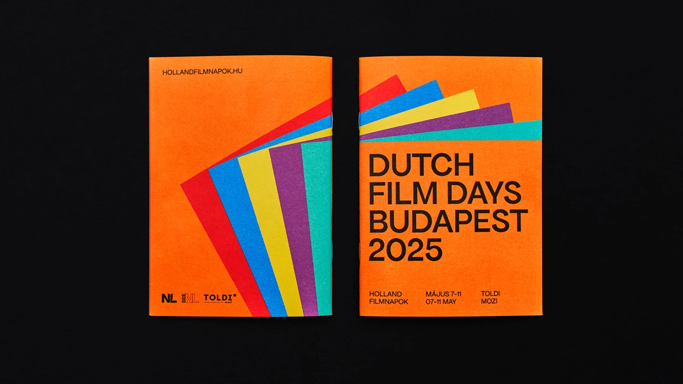 Color-coded program cards showing five distinct daily hues against Dutch orange — Dutch Film Days festival branding