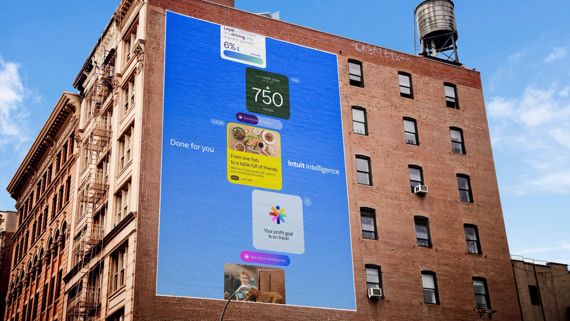 Brick-wall mural for Intuit Intelligence with product interface cards by JKR