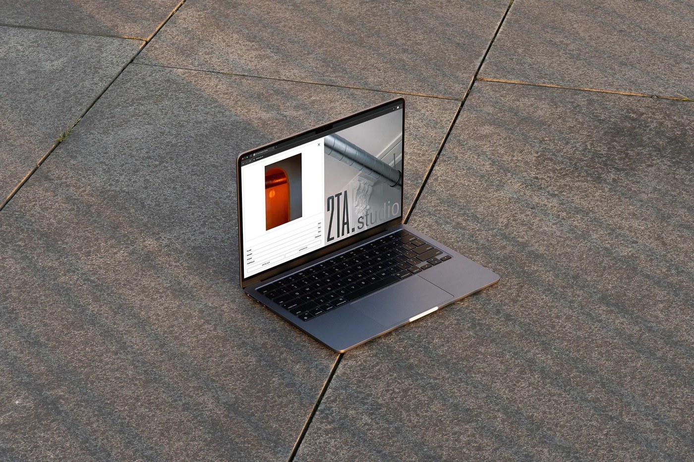 Laptop display showcasing architectural portfolio editorial design by Florian Cornut