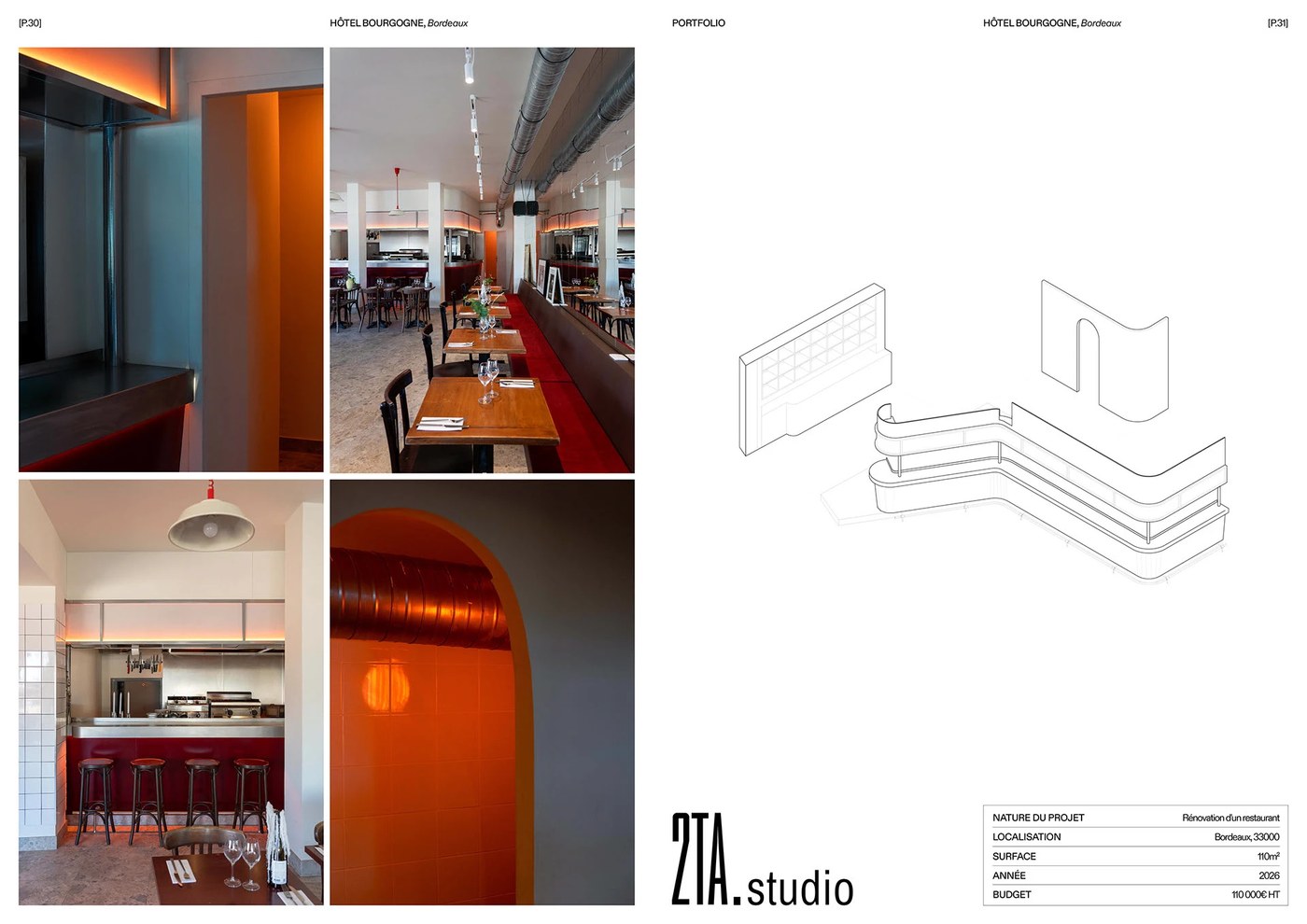 Interior space documentation spread with editorial design typography by Florian Cornut