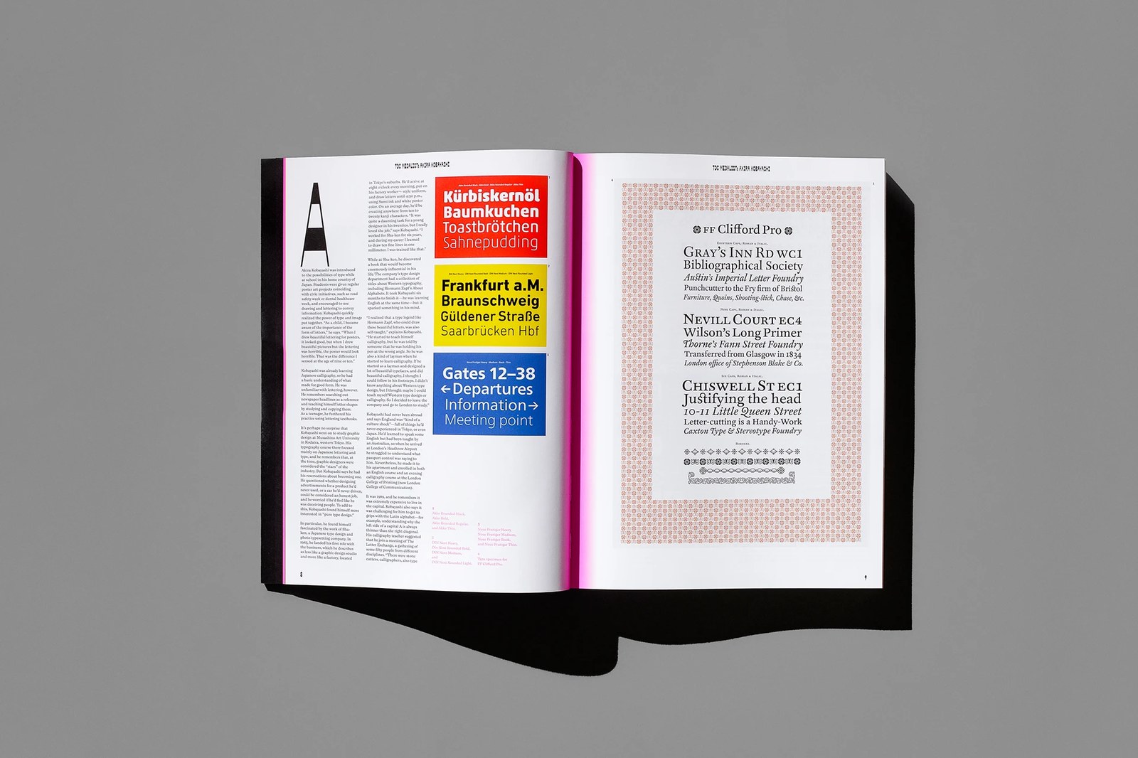 Akira Kobayashi feature spread showing three-column essay, Akko Rounded, DIN Next, and Neue Frutiger specimen cards, and FF Clifford Pro broadside — editorial design by Tereza Bettinardi