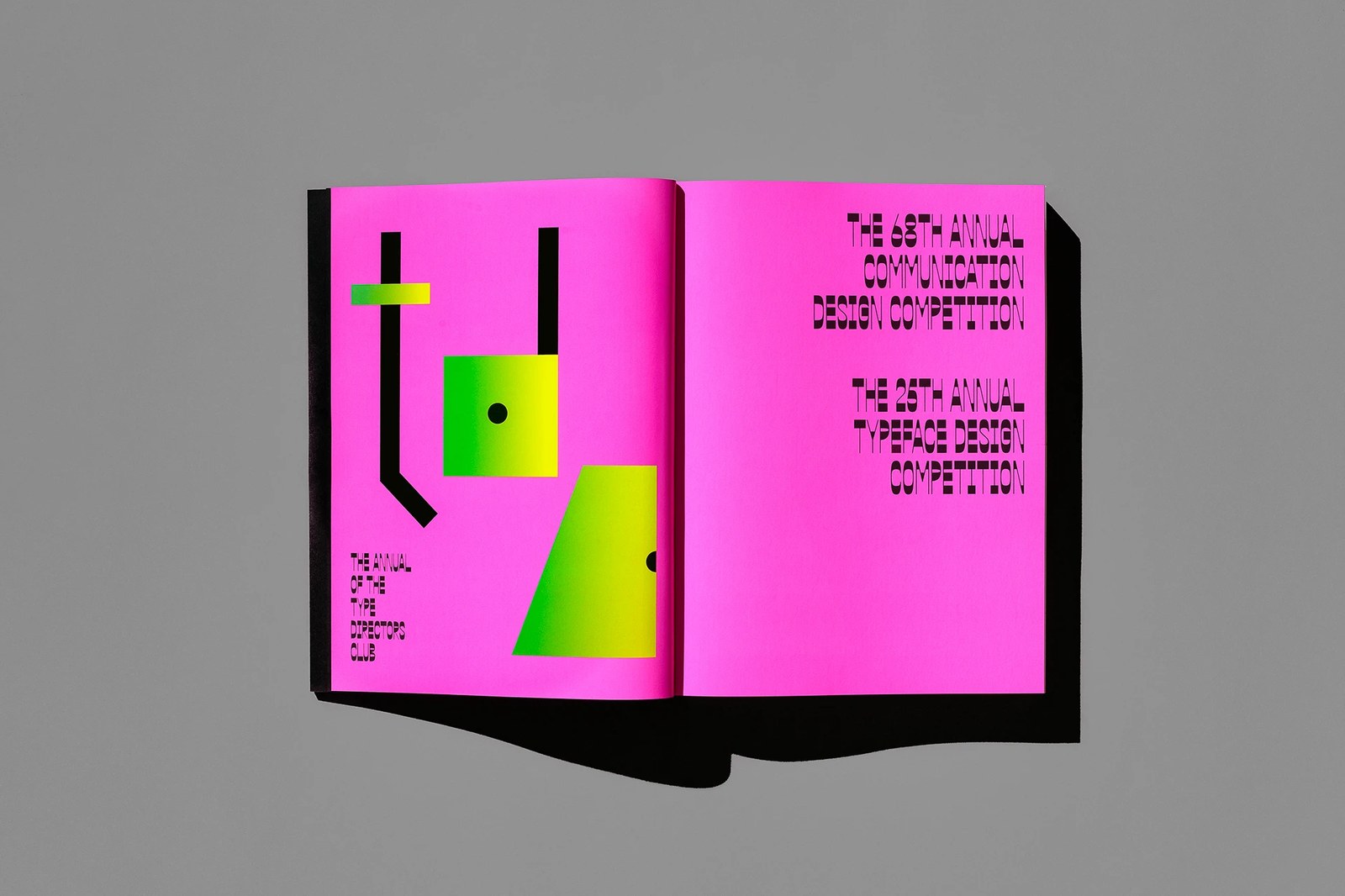 TDC 68th Communication Design and 25th Typeface Design competition title spread on fluorescent pink stock with acid-green counterforms — editorial design by Tereza Bettinardi