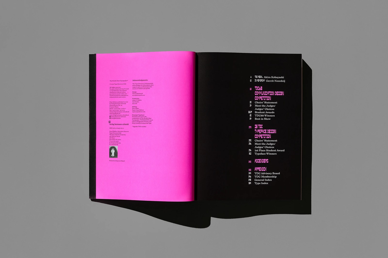 Colophon and table of contents spread contrasting fluorescent pink and matte black pages set in Dinamo Laica A and Commercial Type Proxy Cond — editorial design by Tereza Bettinardi