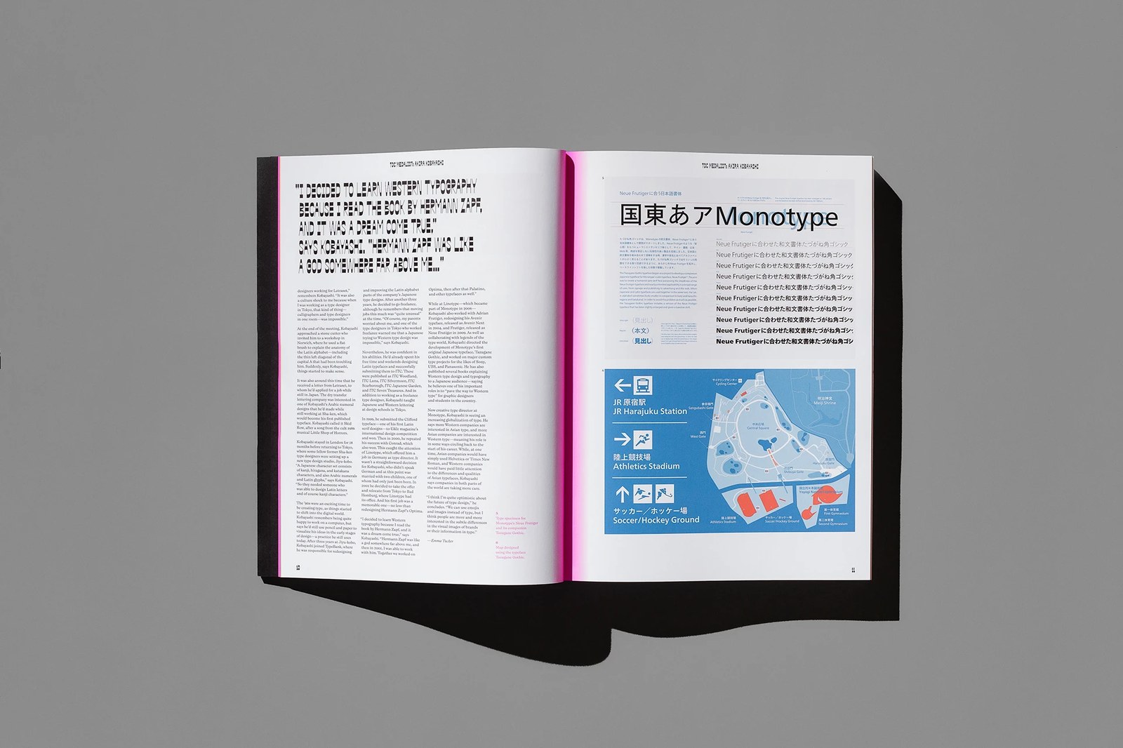 Editorial spread featuring a custom counterform pull quote alongside a bilingual Monotype Neue Frutiger and Tazugane Gothic specimen and JR Harajuku Station map — editorial design by Tereza Bettinardi