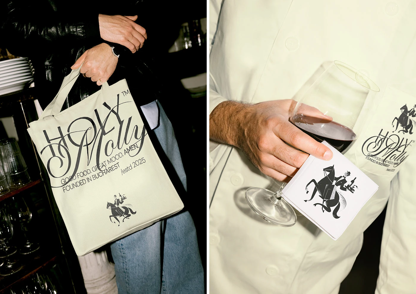 Holy Molly branded wine bottle and delivery boxes with tuxedoed waiter mascot on cream — restaurant brand identity