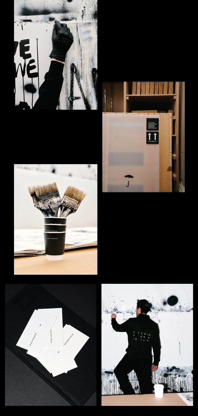 Studio collateral collection including business cards, custom shipping crates, branded nitrile gloves, and studio apparel by SAVVY STUDIO