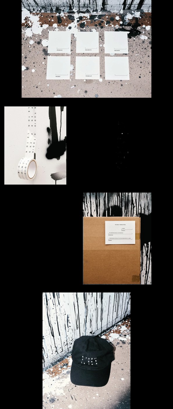 Utilitarian studio stationery including adhesive inventory labels, packing tape, delivery parcels, and embroidered cap by SAVVY STUDIO