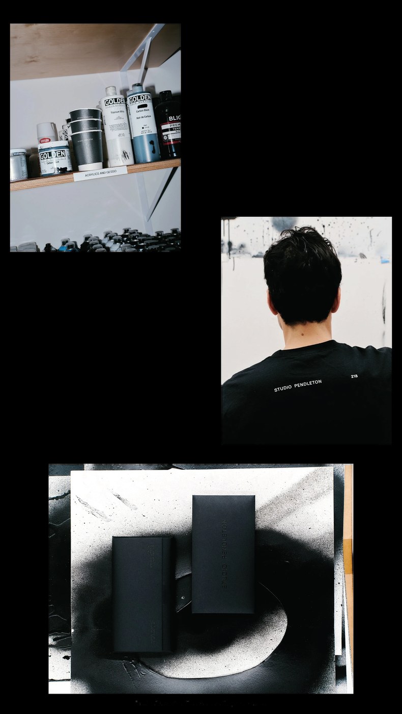 Material organization system featuring paint shelf labels, studio uniform details, and blind debossed black stationery boxes by SAVVY STUDIO