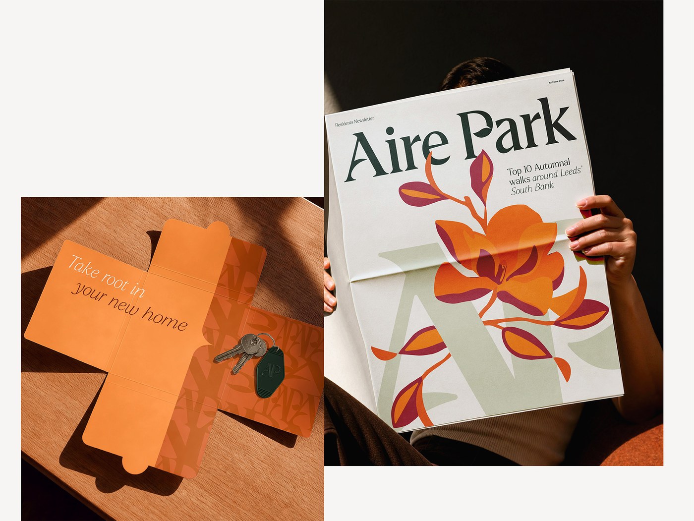 Aire Park brand identity design broadsheet newspaper and welcome key box