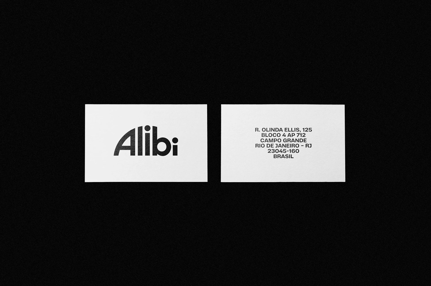 Alibi Records stationery business cards with wordmark and Rio de Janeiro studio address