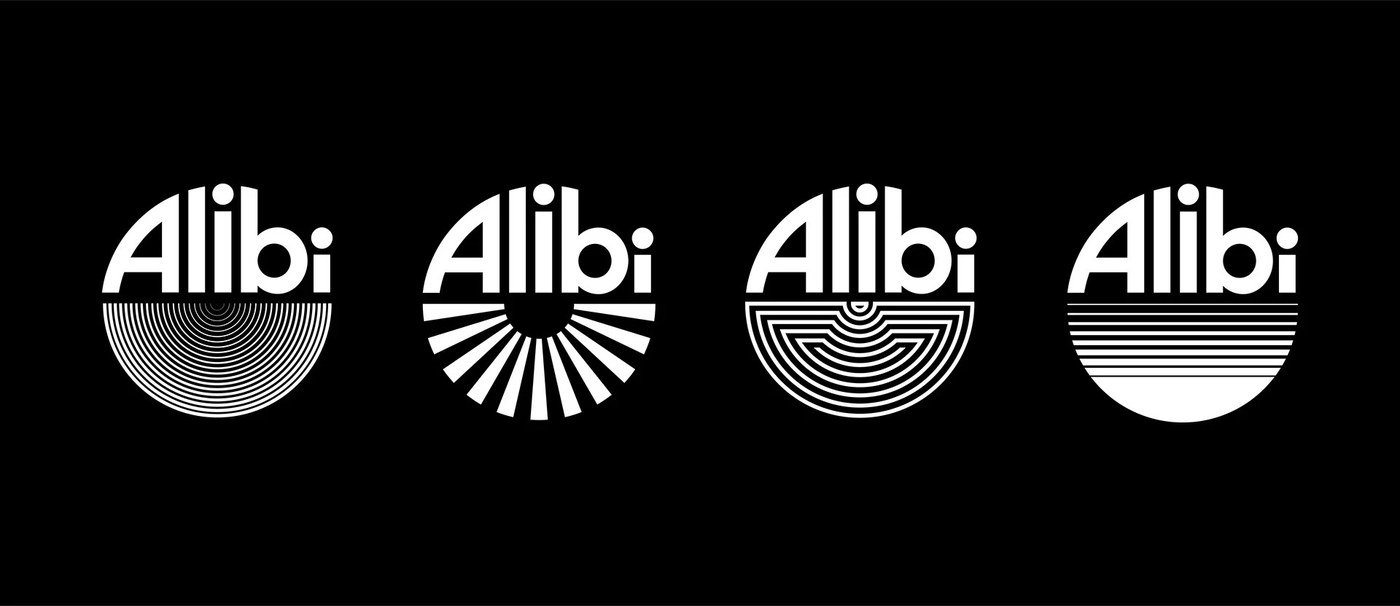 Four geometric semi-circular logo emblem variations featuring acoustic grooves, rays, arches, and scanlines