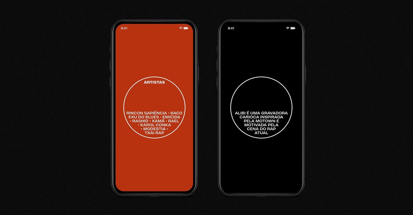 Dual mobile editorial screens displaying the Brazilian rap artist roster on terracotta red and manifesto on black