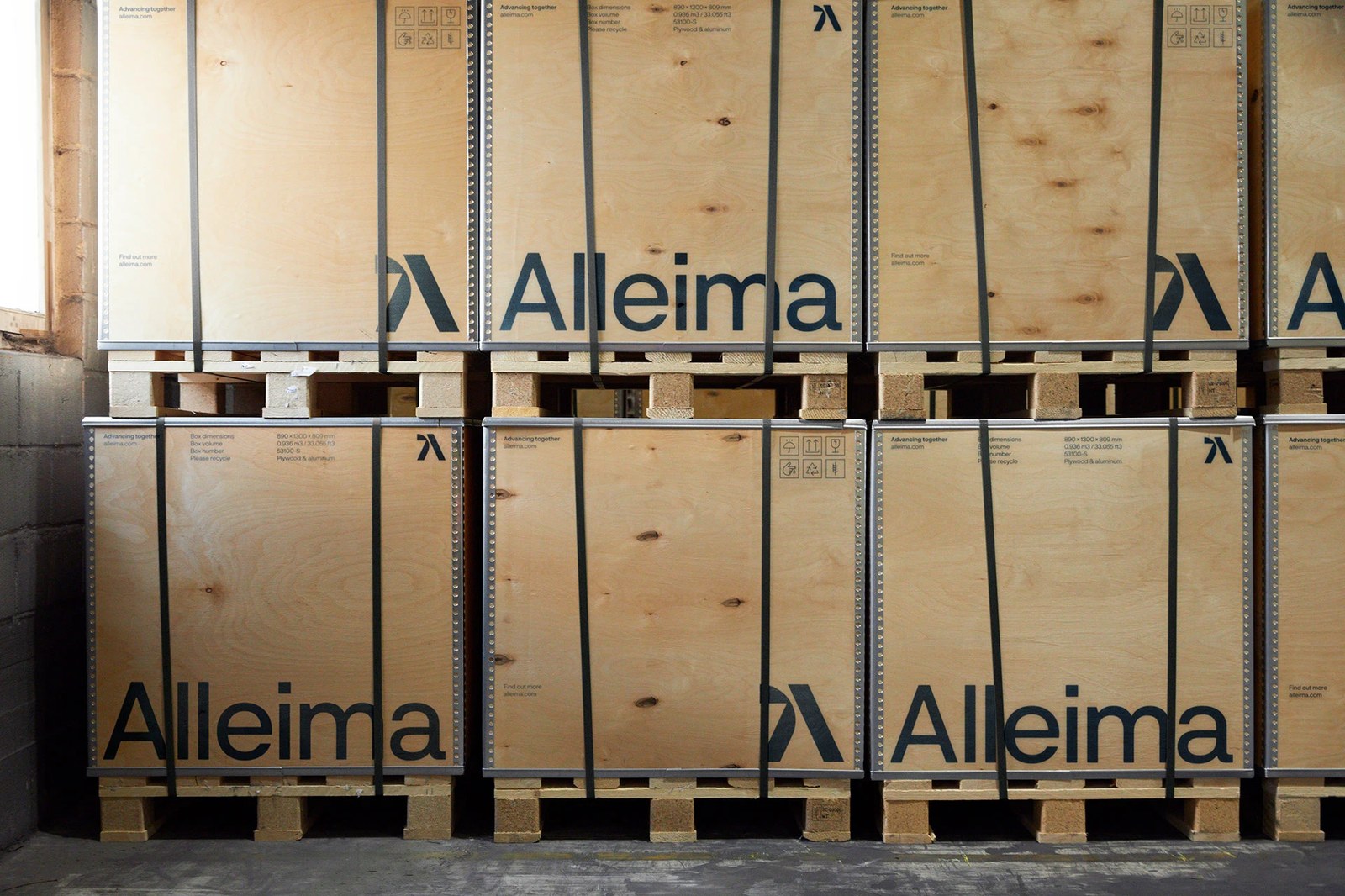Stacked plywood and aluminum industrial shipping crates stamped with the Alleima visual identity and box dimensions by Kurppa Hosk