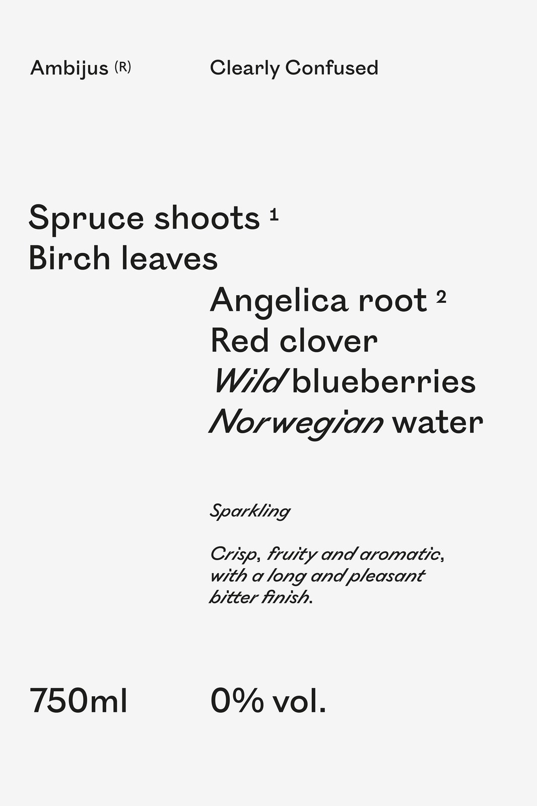 Ambijus Clearly Confused label typography specimen pairing upright and italic sans-serif ingredient hierarchies — packaging design by OlssønBarbieri