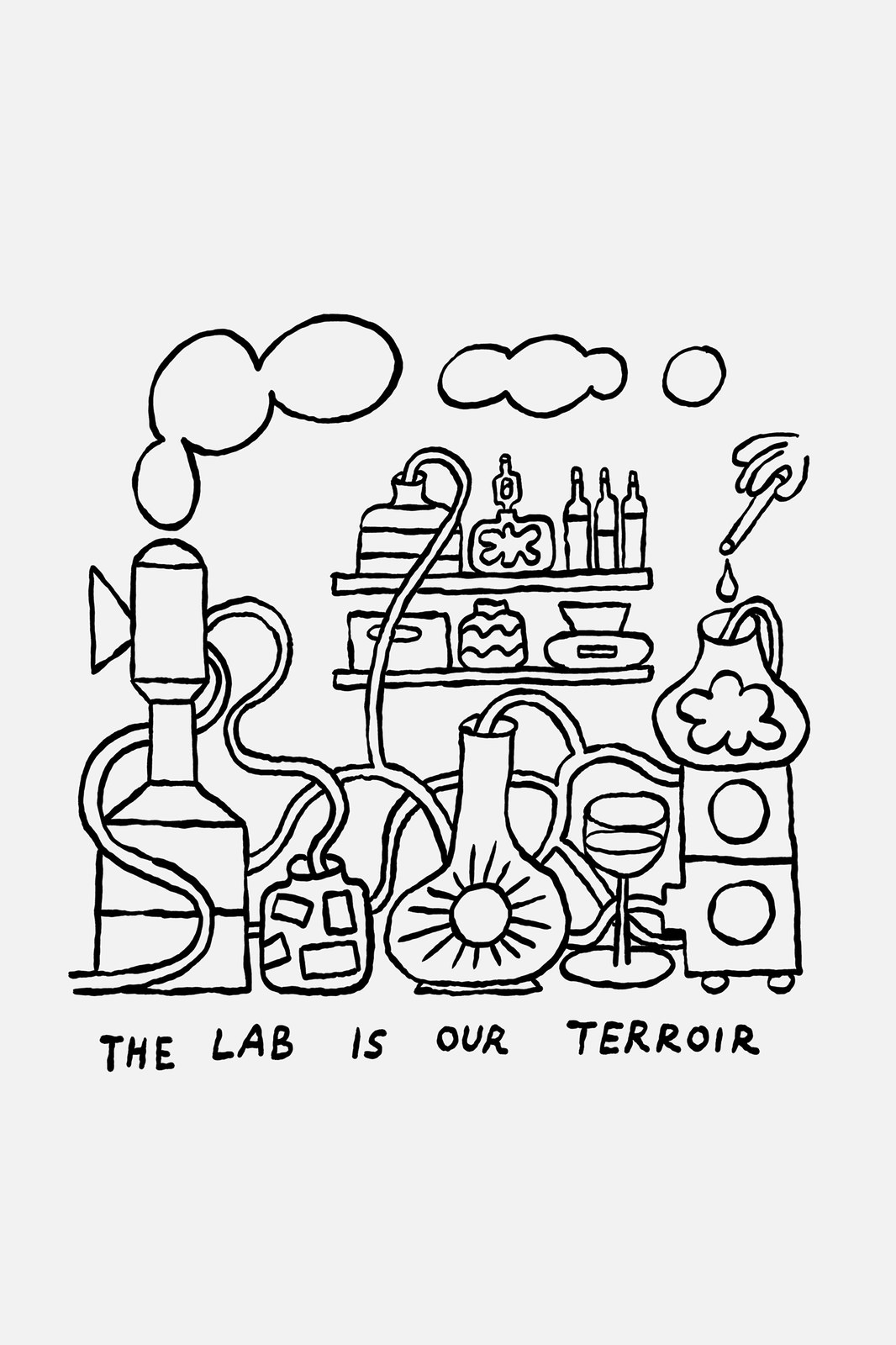 The Lab Is Our Terroir monoline fermentation apparatus illustration by Espen Friberg for Ambijus — packaging design by OlssønBarbieri