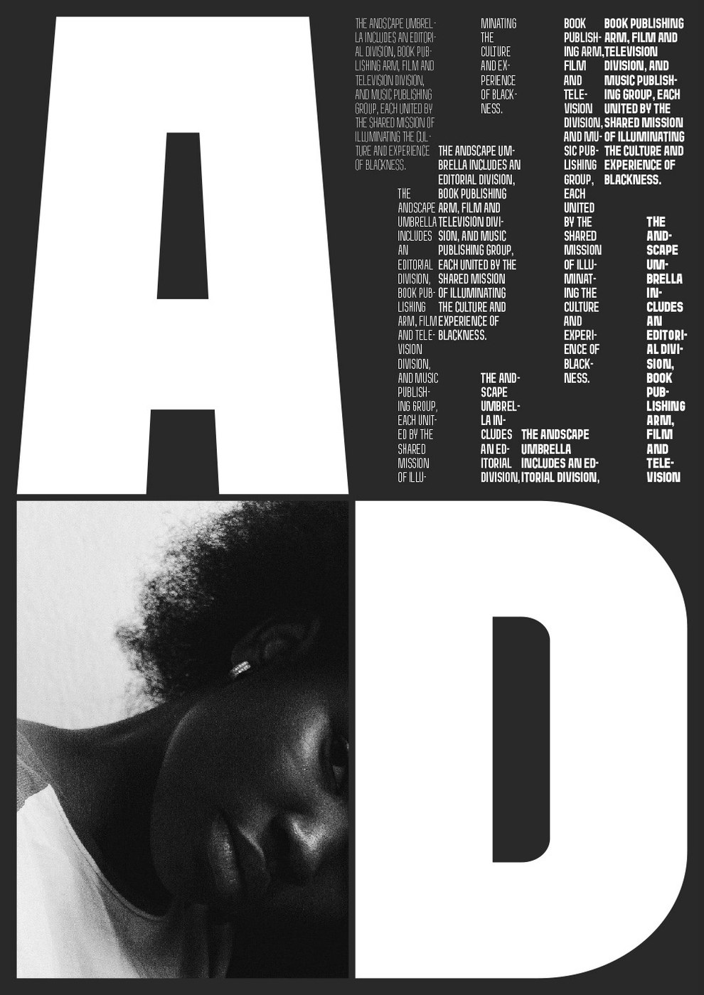 Poster layout with giant glyphs A and D framing editorial copy in Andscape typography design