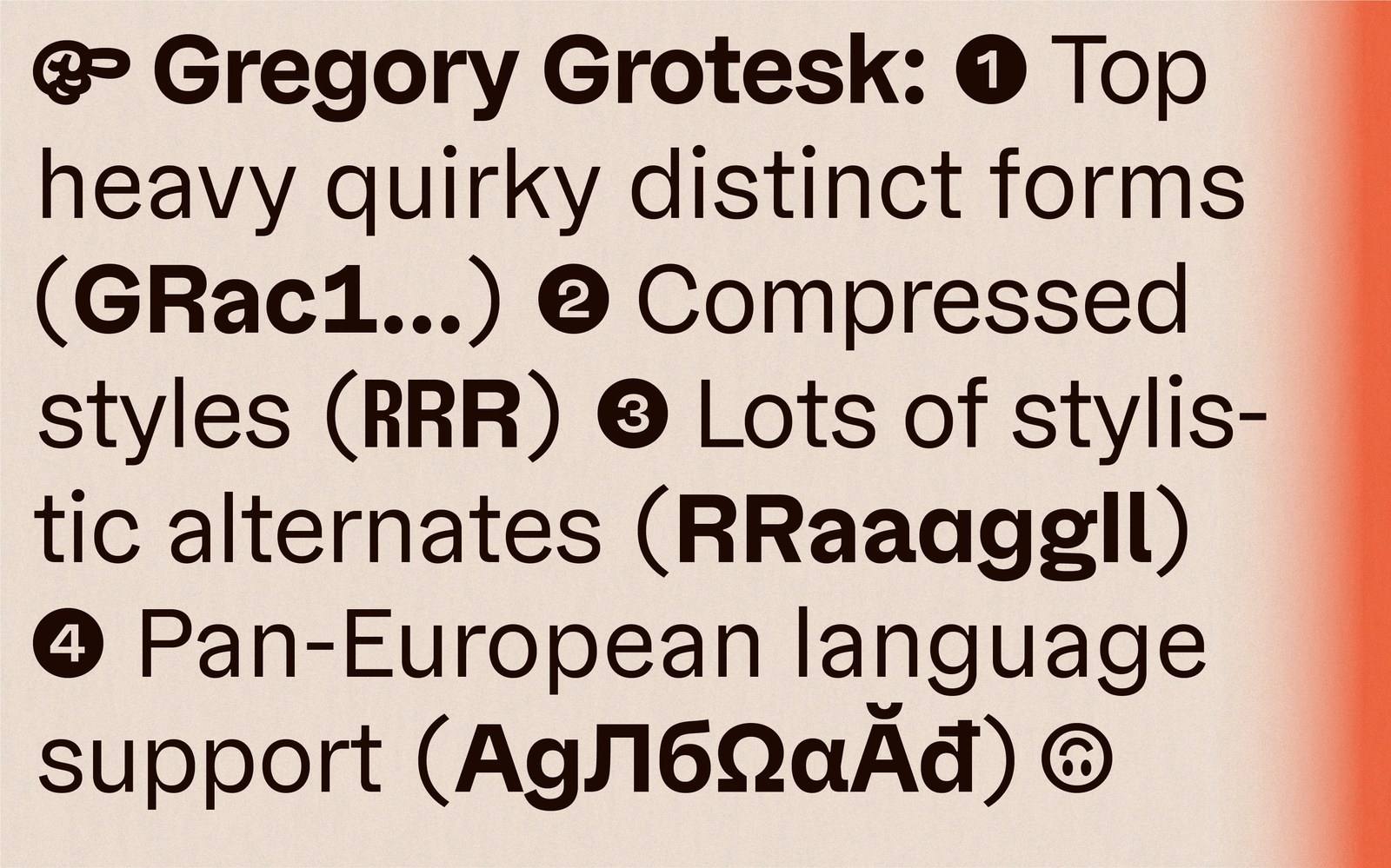 Gregory Grotesk master typography specimen overview board showing top-heavy forms, compressed styles, alternates, and language support by TypeMates