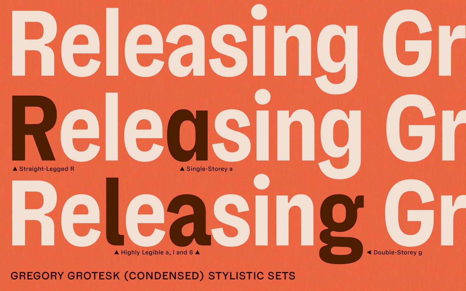 Gregory Grotesk Condensed stylistic sets typography specimen highlighting straight-legged R, single-storey a, and double-storey g