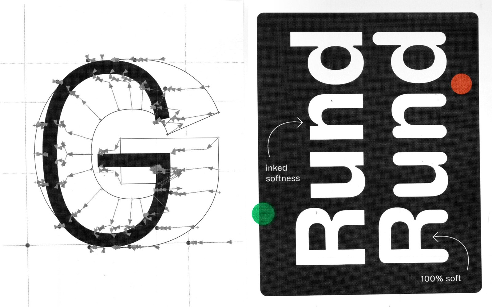 Gregory Grotesk making-of bezier construction grid on uppercase G and Rund inked softness typography comparison by Jakob Runge
