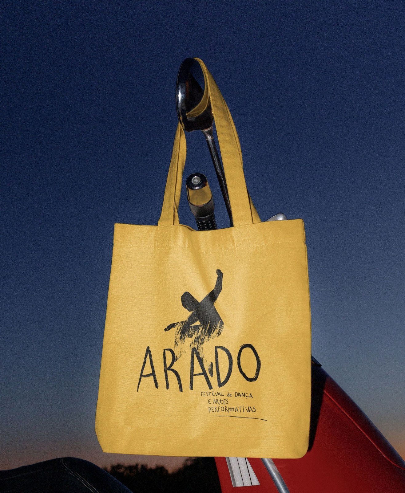 Arado 2026 ochre yellow canvas tote bag screenprint — brand identity by Senhor Paulinho
