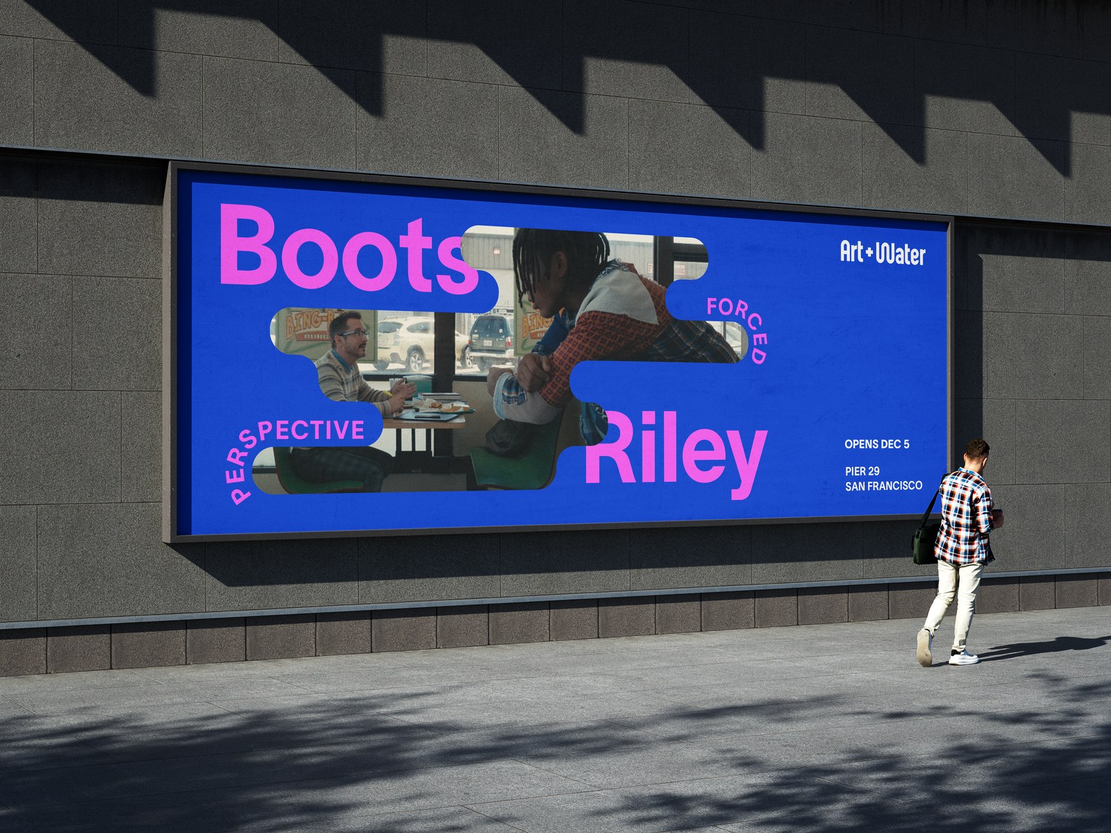 Art + Water inaugural Boots Riley exhibition billboard at Pier 29