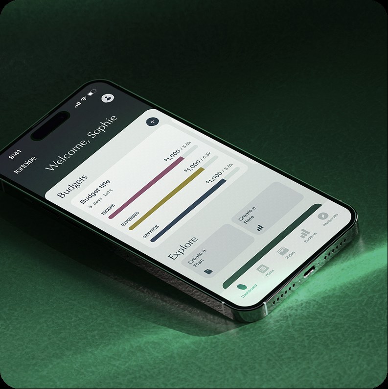 Tortoise mobile app interface on textured forest green background showing artist budget planning
