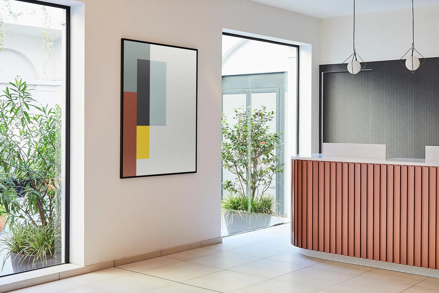 Piet Mondrian inspired abstract geometric artwork featuring black structural grid lines and primary color blocks in reception lounge